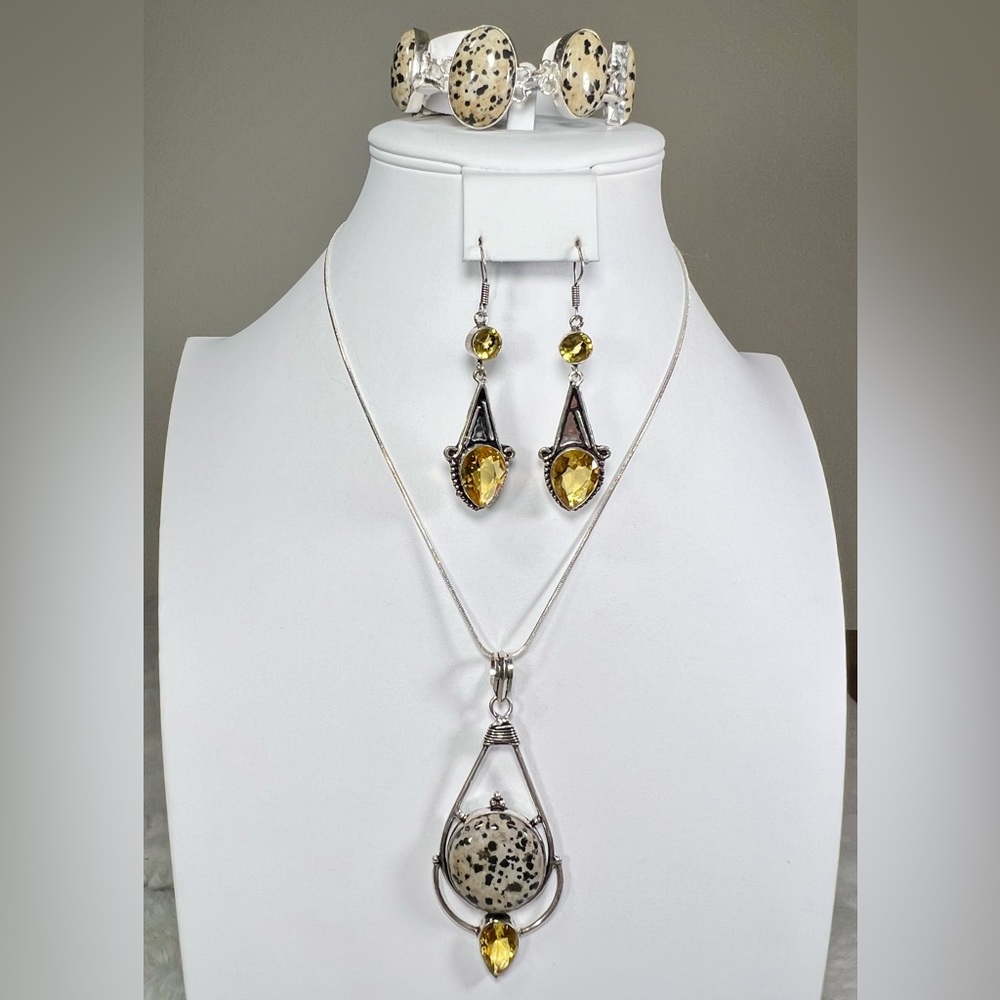 Dalmatian Jasper Citrine 925 Gemstone Pendant Bracelet Earrings